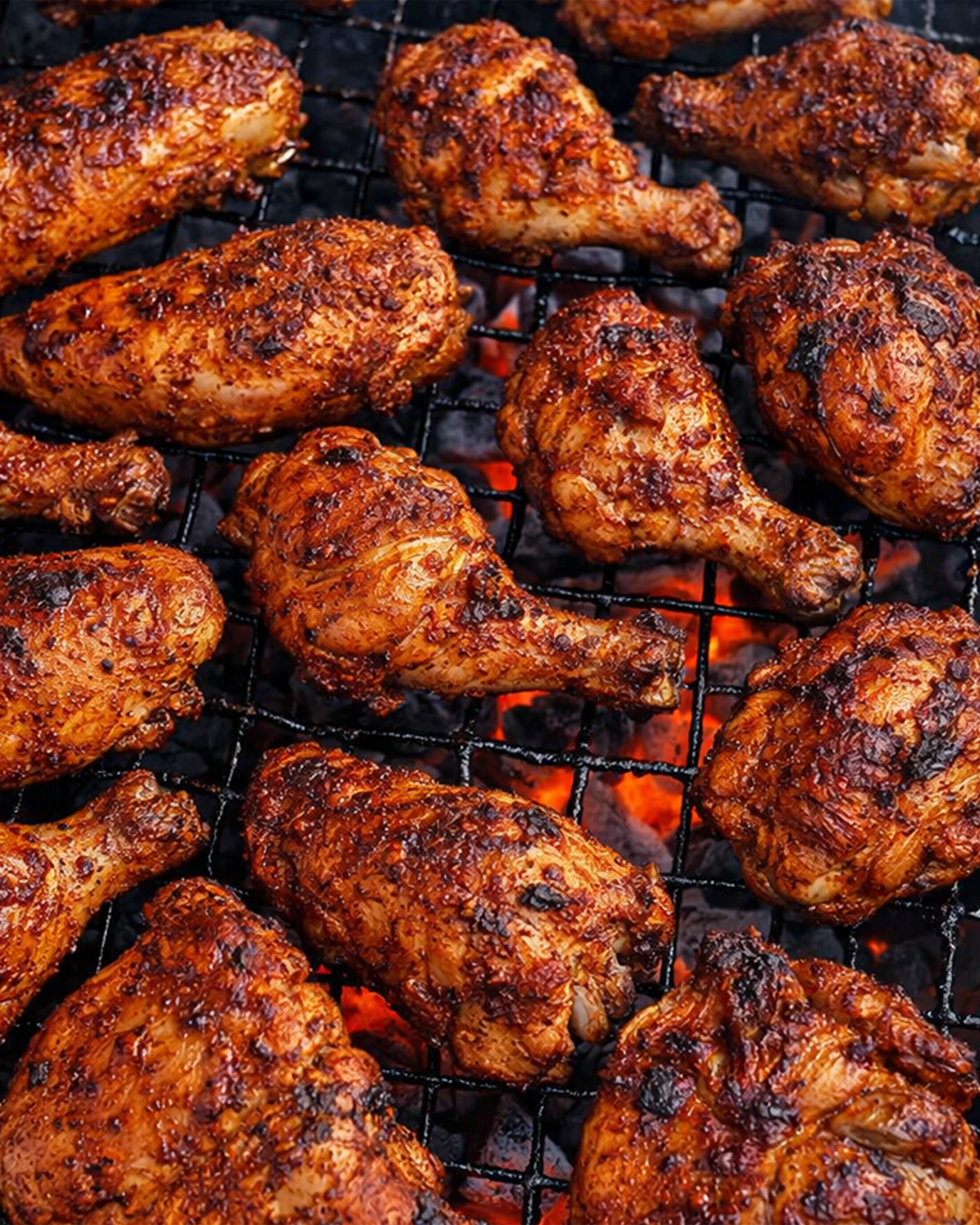 Freshly grilled chicken pieces sizzling over open flames